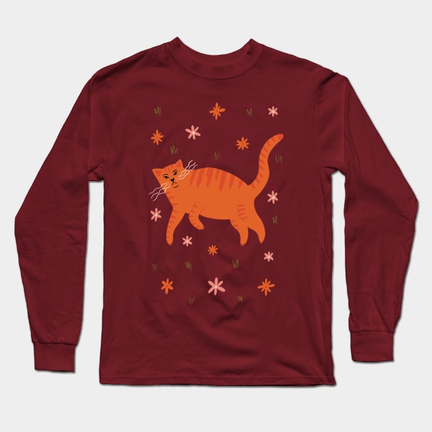Cool orange cat in flower field illustration Long Sleeve T-Shirt by WeirdyTales